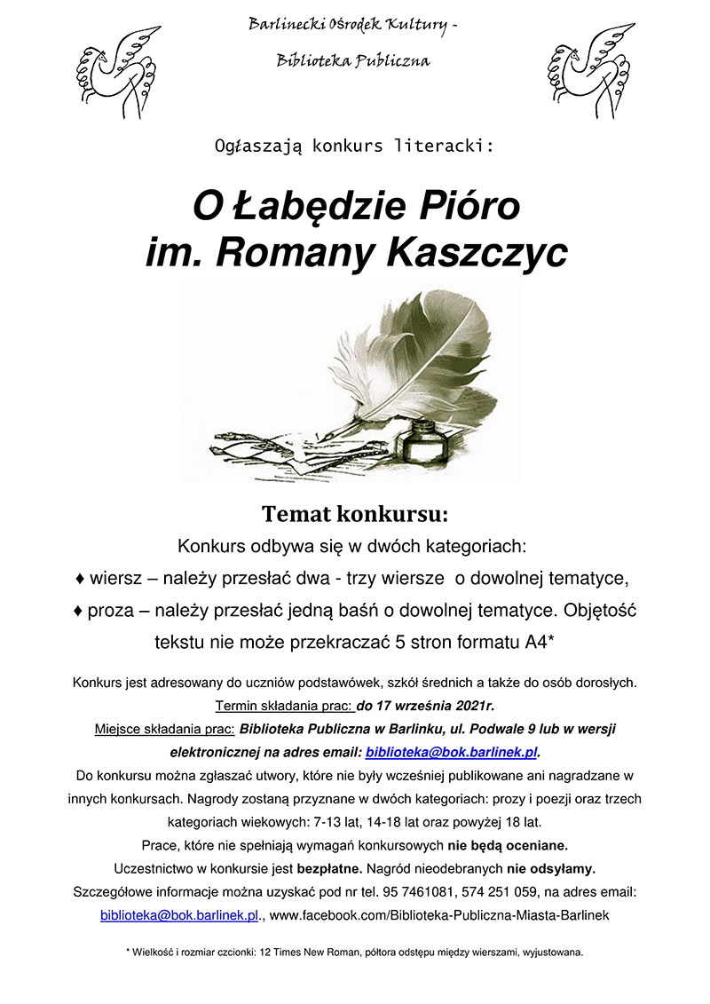 KONKURS LITERACKI O ''ŁABĘDZIE PIÓRO IM. ROMANY KASZCZYC''